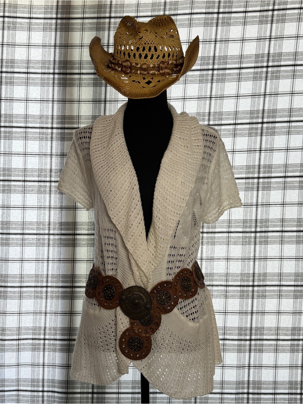 Absolutely Famous White Crochet Knit Cardigan Shirt Sleeve M